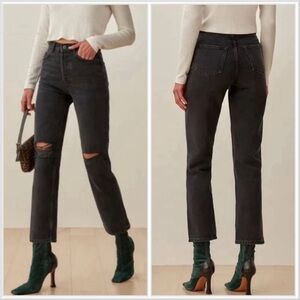 Reformation Cynthia High Rise Straight‎ Leg Jeans Lagoon Destroyed Wash 25 Black